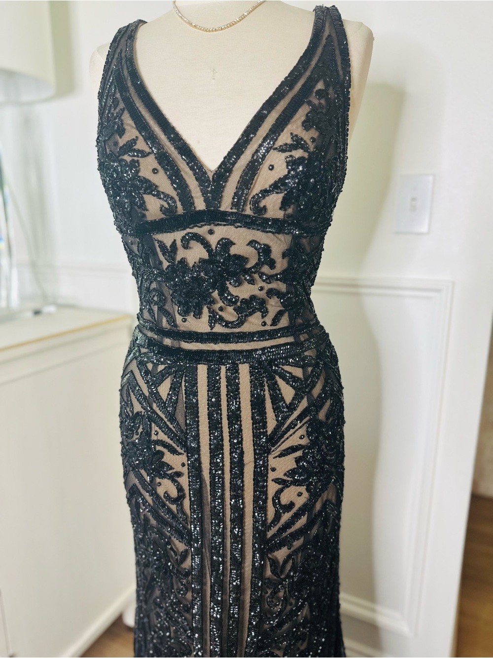 Jovani Couture Elegant Black Beaded V-Neck Evening Dress - Picture 5 of 9